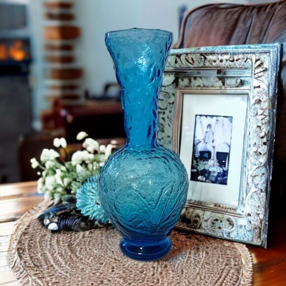 Empoli Glass Embossed Vase Flared Blue Textured Italian Ikebana MCM Abstract - Picture 13 of 15